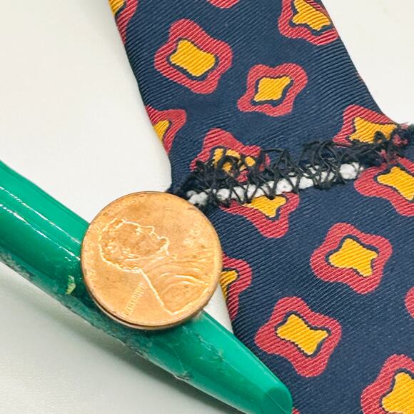 Vintage 90s Paul Stuart Navy Coral Yellow Geometric Silk Necktie - Picture 6 of 7